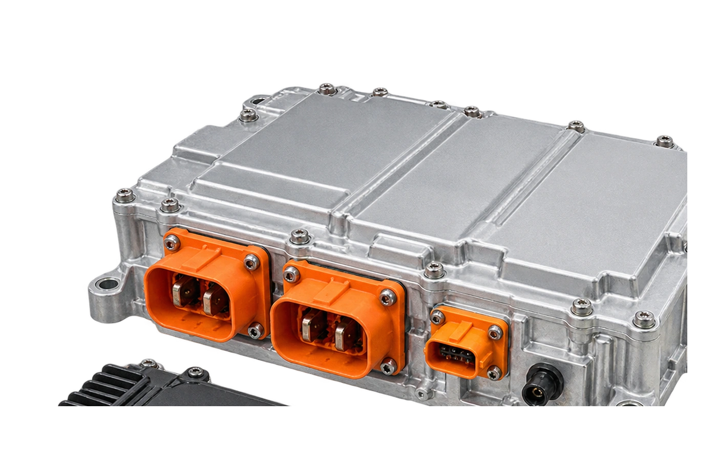 High voltage EV and hybrid BMS VCU control modules on an automotive electronics workbench