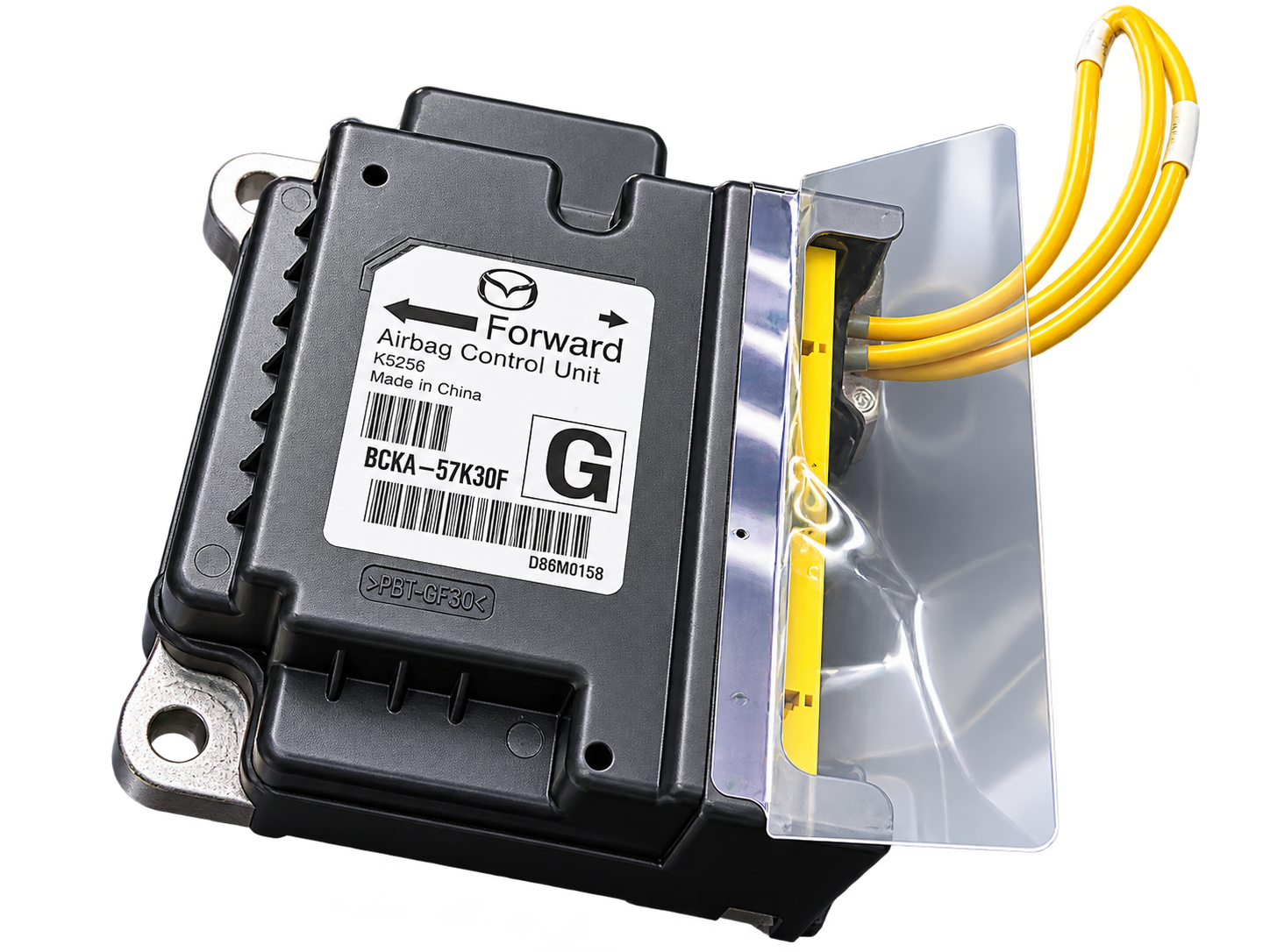 Illustrative floating cutout of Mazda BCKA-57K30F airbag control module with yellow wiring