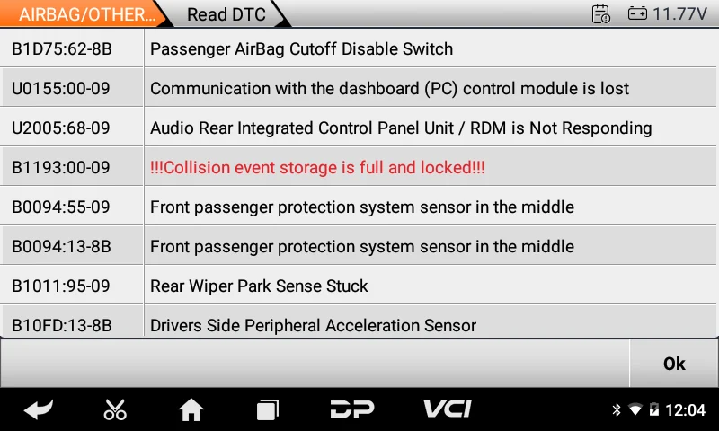 B1193:00-09 fault in VAG airbag ECU diagnostic screenshot