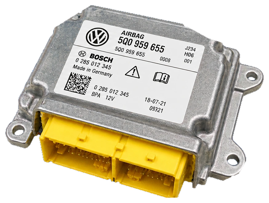 Illustrative VAG-style airbag SRS control module isolated on a transparent background