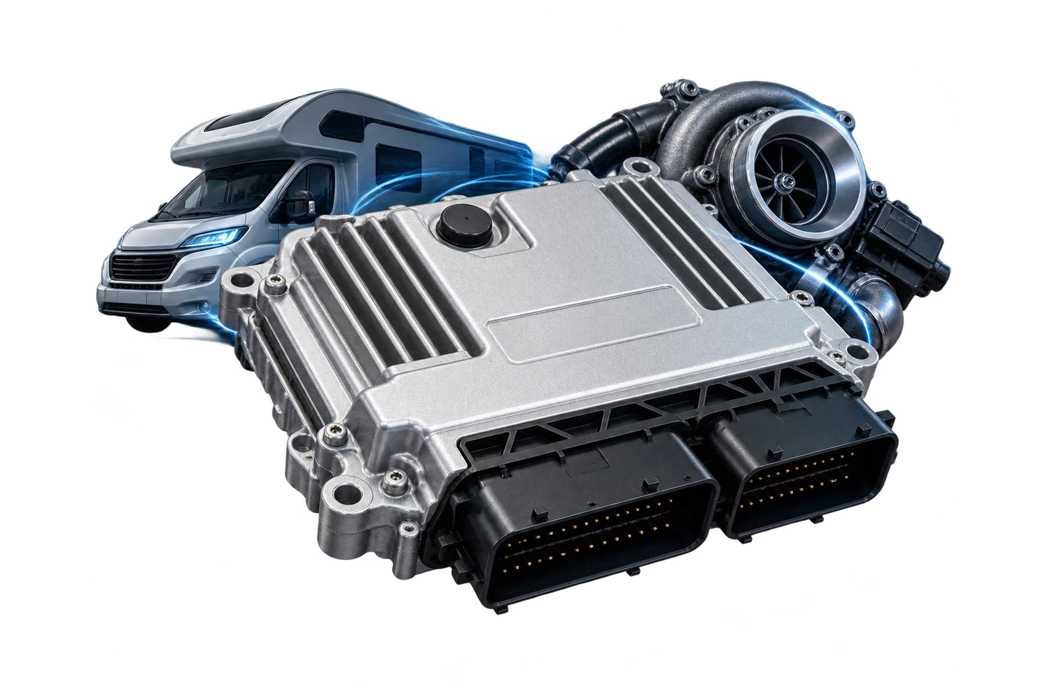 Floating motorhome, ECU module and turbocharger illustration for campervan remapping