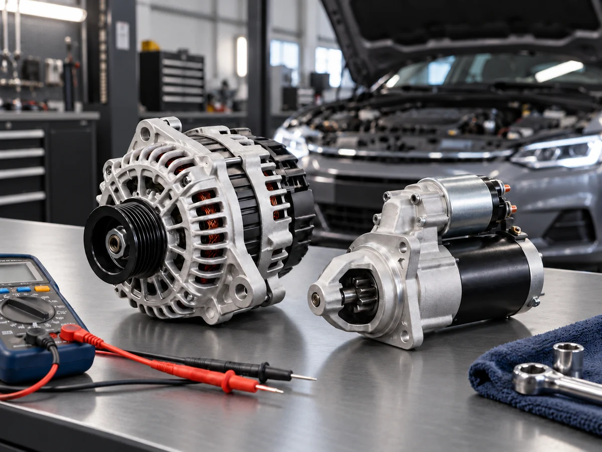 Representative alternator and starter motor with diagnostic equipment on a workshop bench
