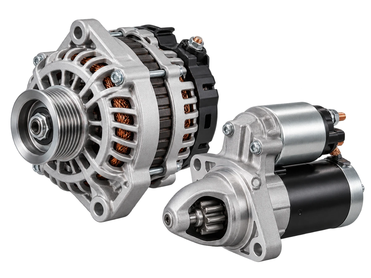 Vehicle alternator and starter motor isolated on a transparent background