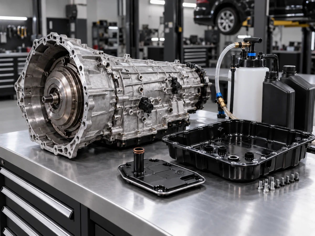 Representative automatic transmission, oil pan, filter and fluid service equipment in a workshop