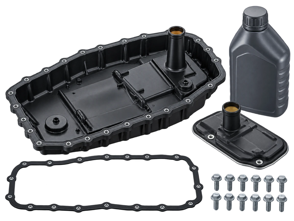 Automatic gearbox oil pan, filter, gasket, fasteners and unlabelled fluid bottle on a transparent background