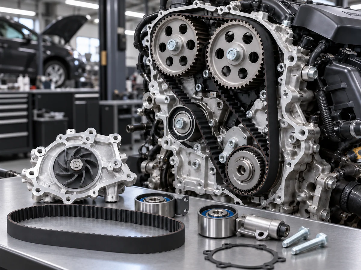Representative timing belt drive and water pump components in a vehicle workshop