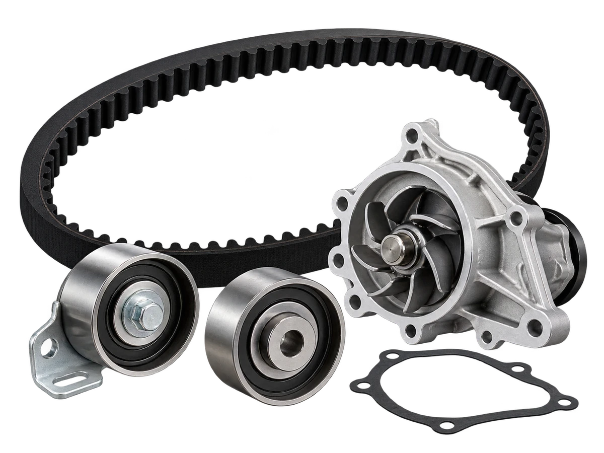 Timing belt, water pump, tensioner, idler pulleys and gasket on a transparent background