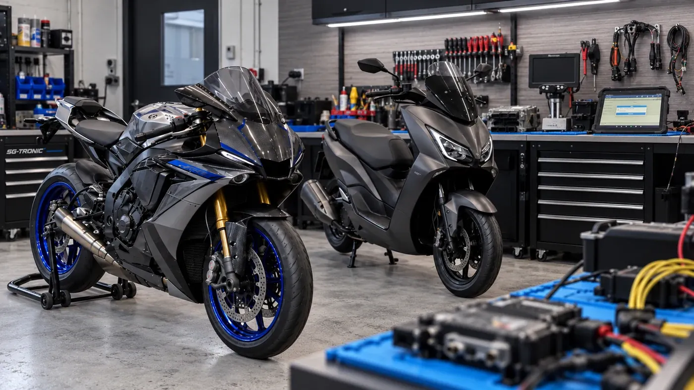 Motorcycle and scooter ECU remapping workshop scene at SG-Tronic Motorsport