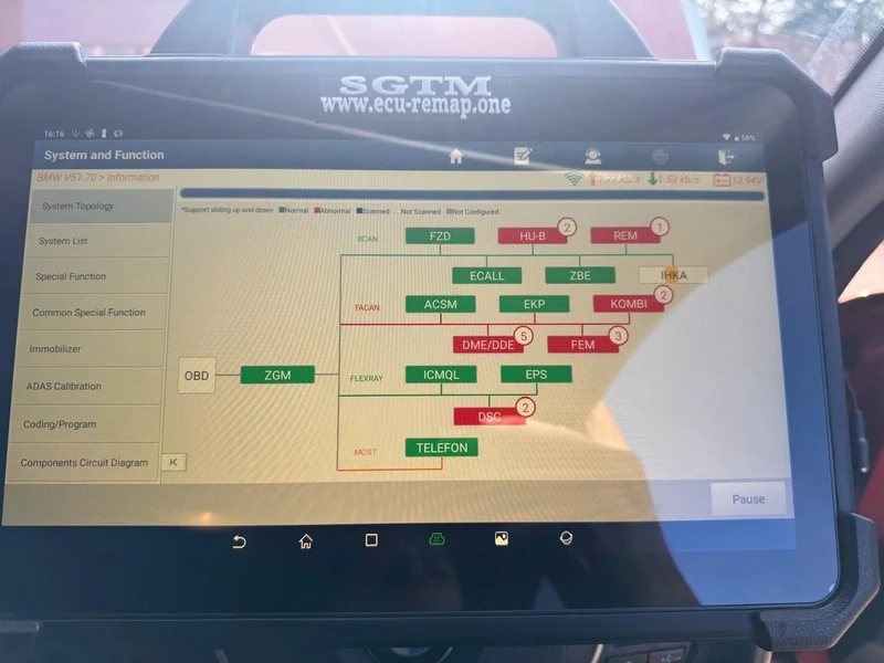 BMW control-unit topology scan showing two DSC faults before recoding