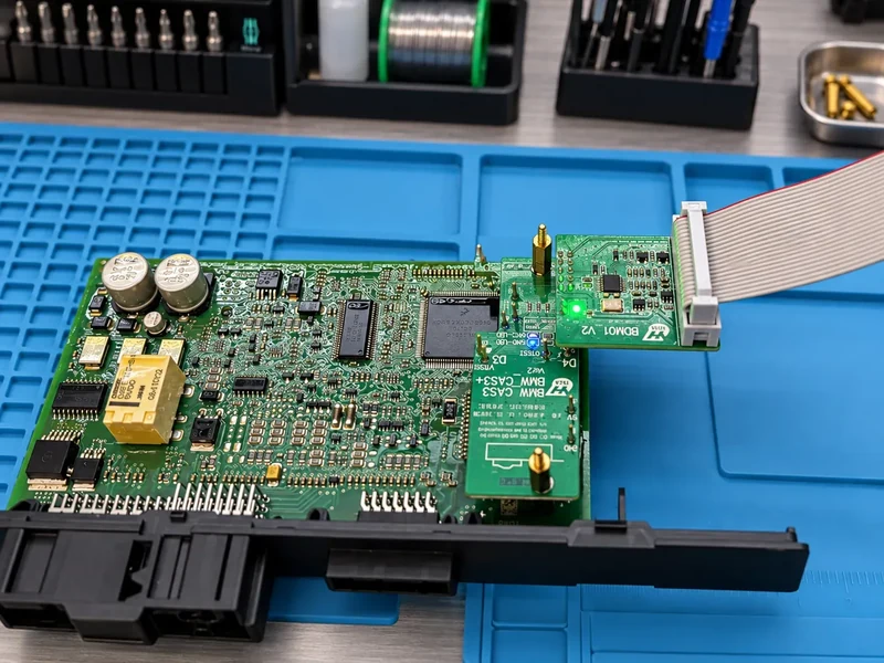 BMW CAS4+ circuit board connected to a programming adapter