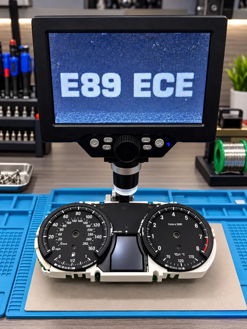 BMW E89 ECE instrument cluster identification viewed under a digital microscope