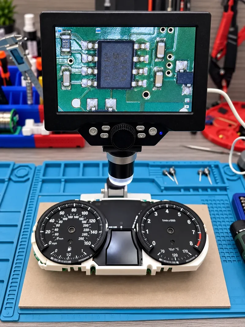 BMW Z4 instrument cluster circuit board under a digital microscope