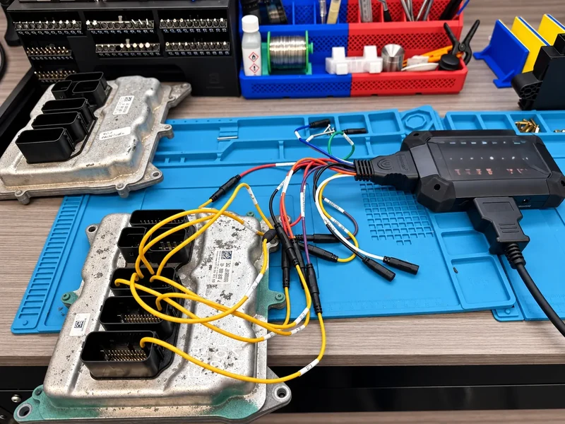 BMW ECU modules connected to a professional bench programming tool