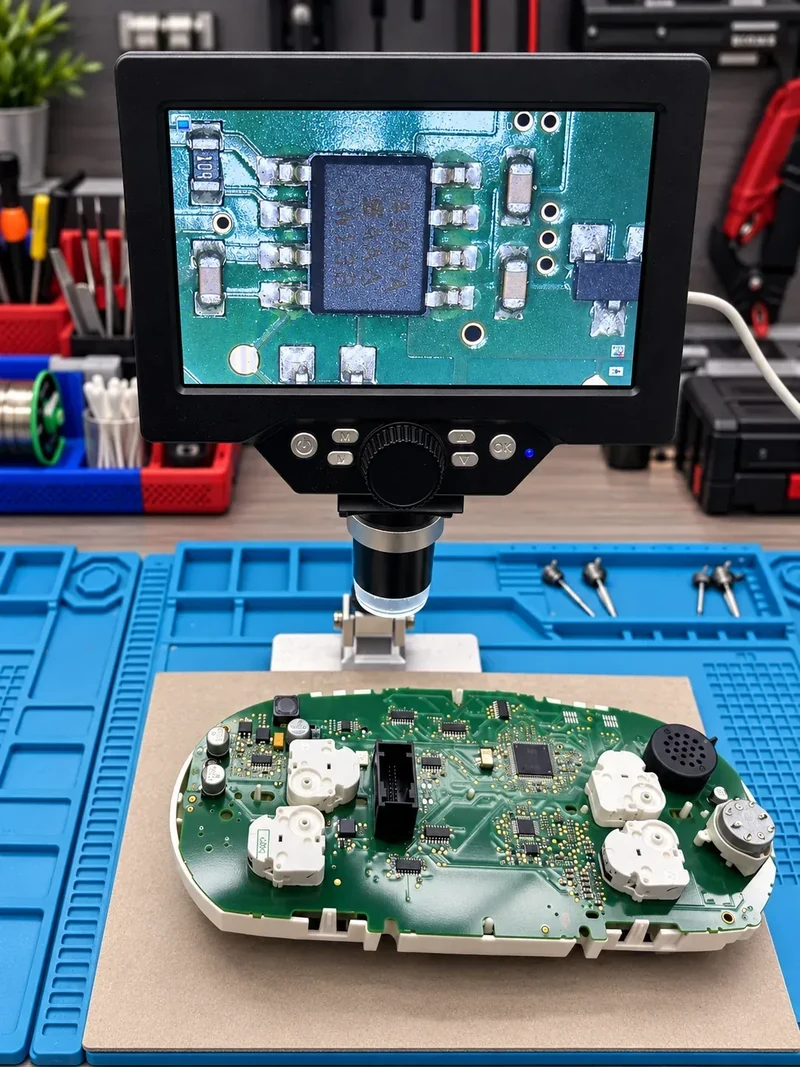 Microscope inspection of BMW electronic circuit board during programming work