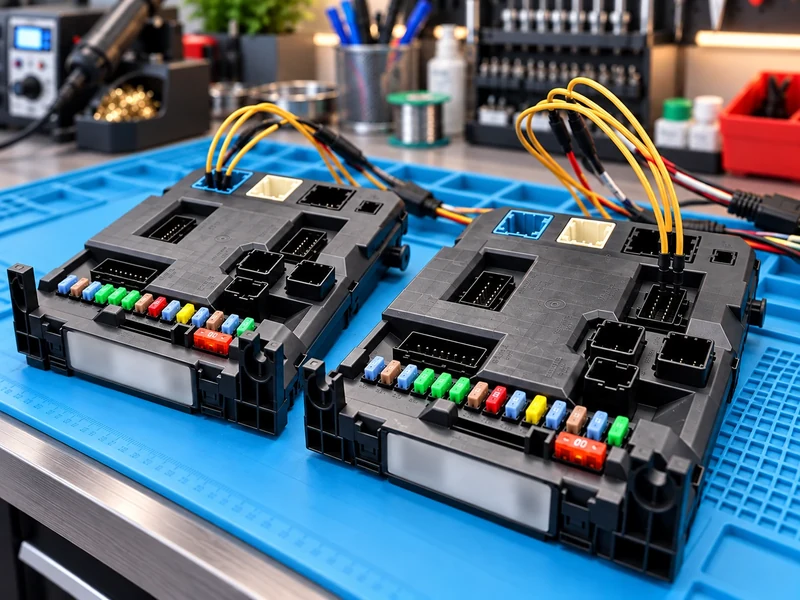 Close-up bench setup for Citroen DS BSI programming and verification