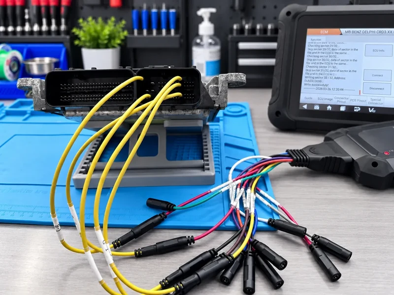 Mercedes Delphi CRD3.xx ECU with bench adapter and programming tablet in the workshop