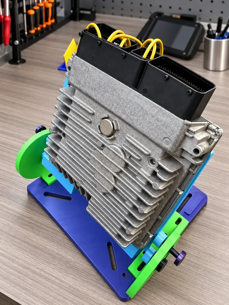 Close-up of VW Caddy ECU on workshop tuning bench