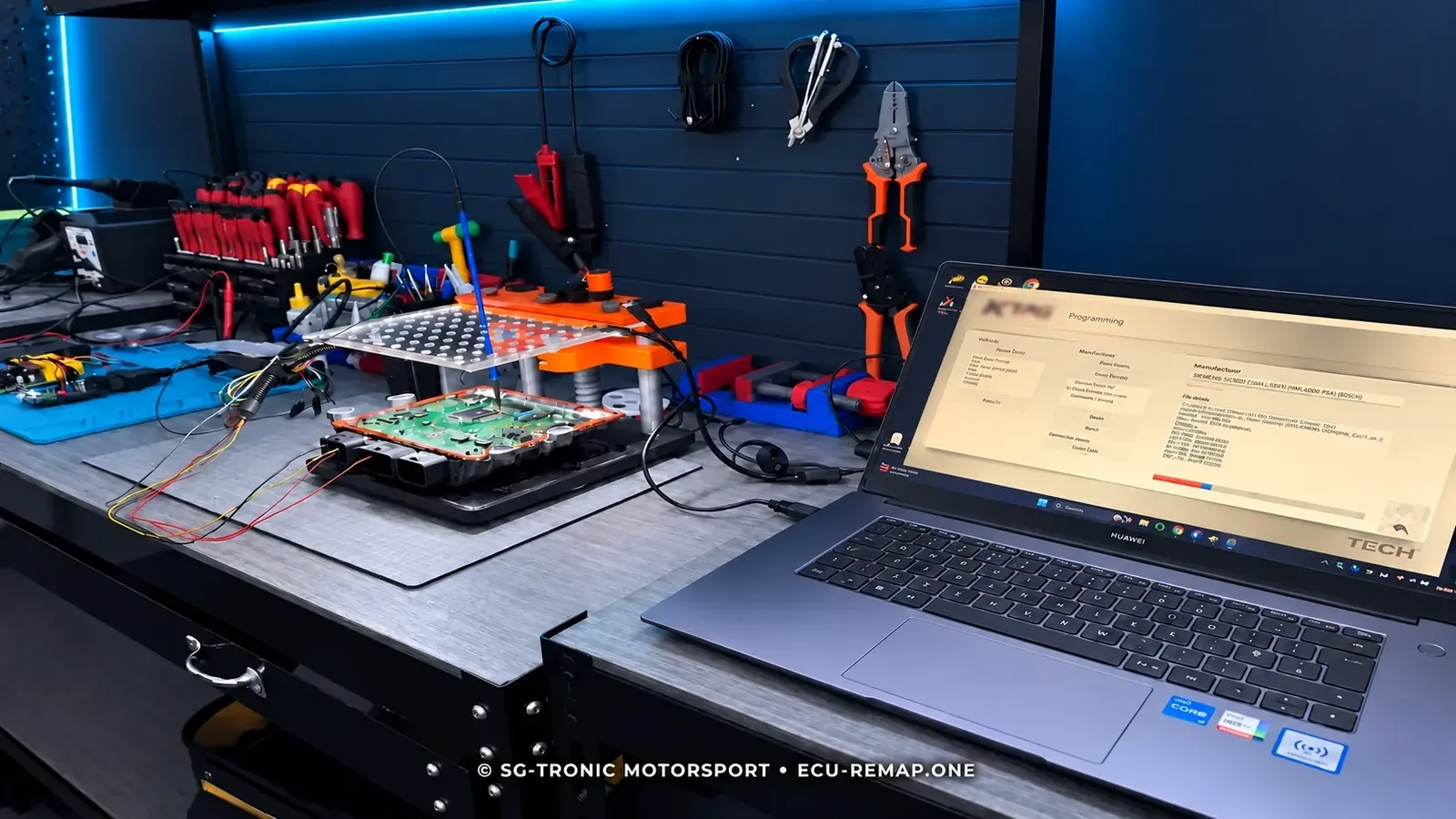 SG-Tronic Motorsport ECU programming and diagnostics workshop setup