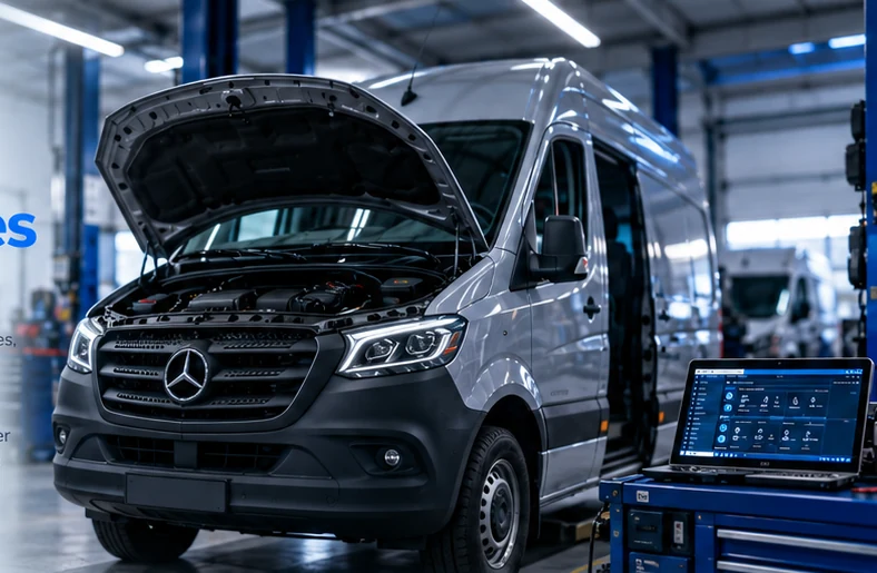 Illustrative diagnostic workshop scene with commercial van and ECU equipment